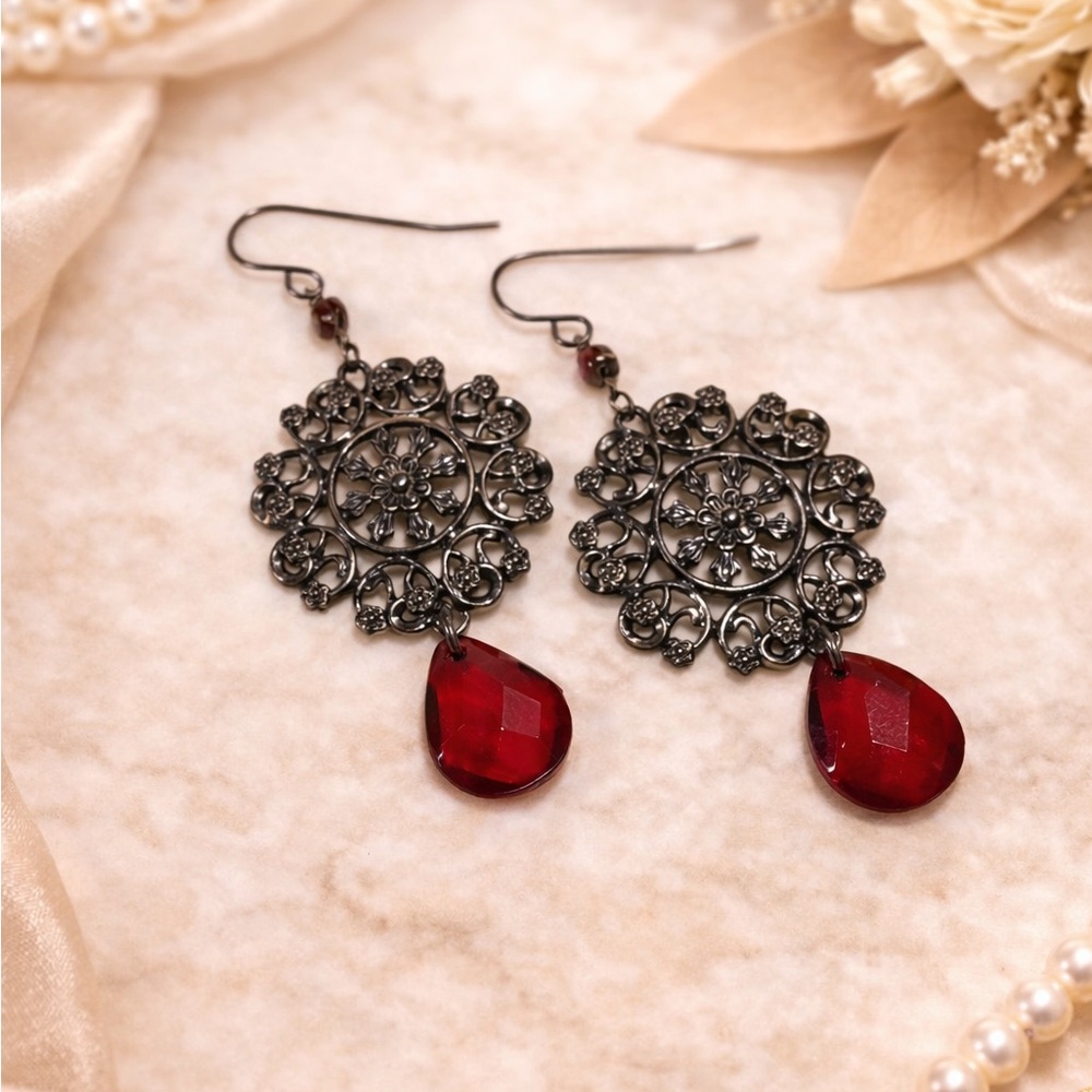 Black Filigree Chandelier Earrings Red Glass Teardrop Gothic Victorian Dangle